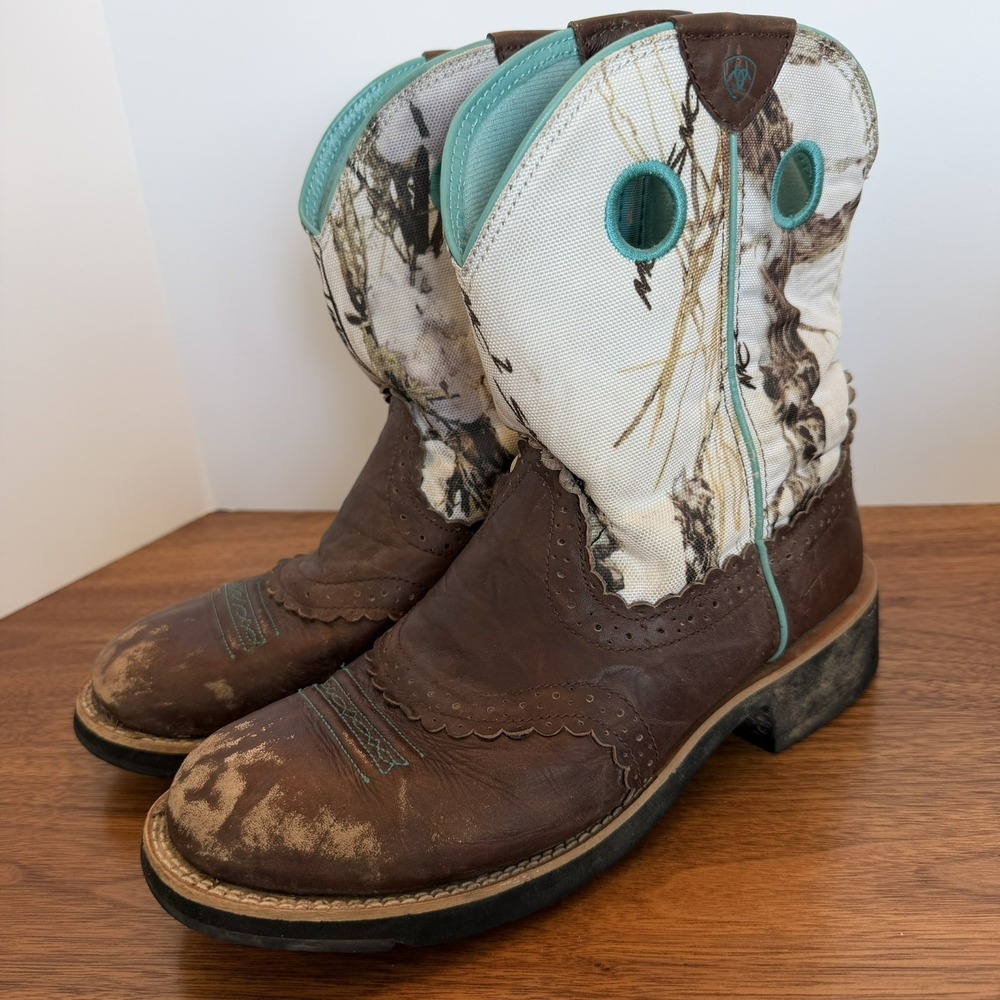 Ariat True Timber Fatboy Booties Snow Camo Leather Short Cowboy Boots Size 10B